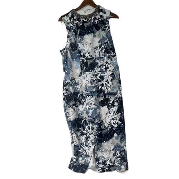 Jennifer Lopez Woman's sz 16 plus body con blue crystal trim collar slit dress - Picture 3 of 8